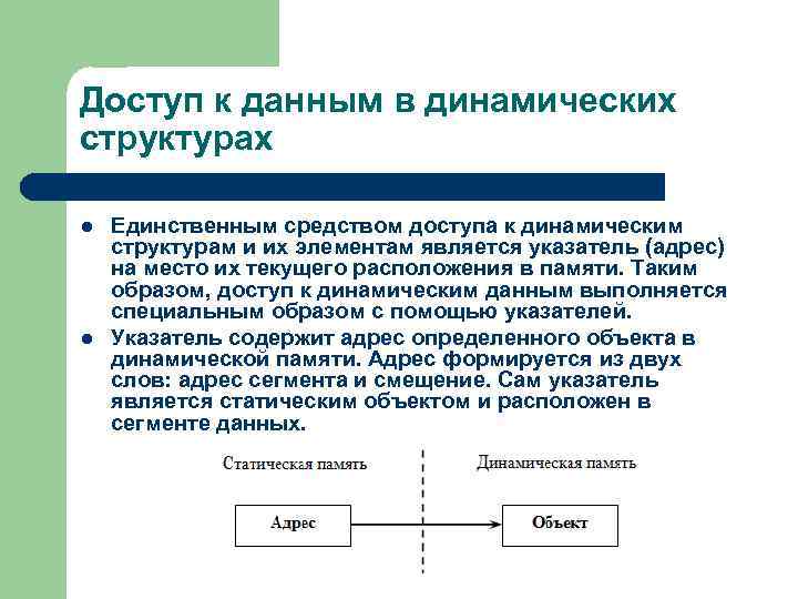 Доступ к данным в динамических структурах l l Единственным средством доступа к динамическим структурам