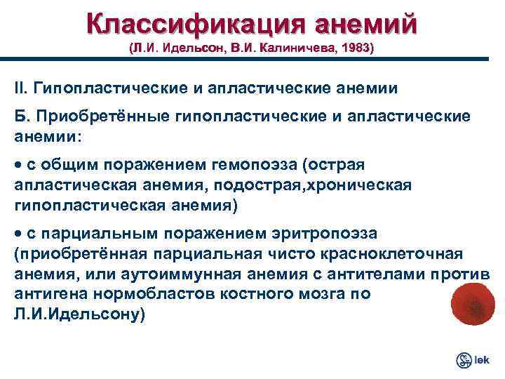 Классификация анемий (Л. И. Идельсон, В. И. Калиничева, 1983) II. Гипопластические и апластические анемии