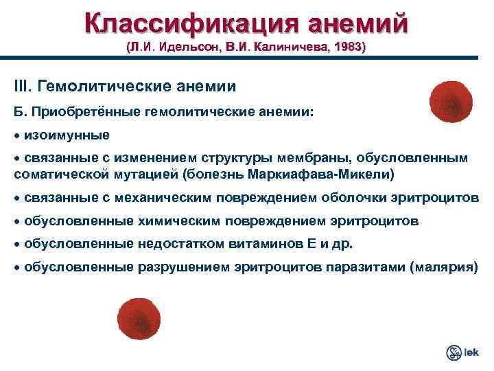 Классификация анемий (Л. И. Идельсон, В. И. Калиничева, 1983) III. Гемолитические анемии Б. Приобретённые
