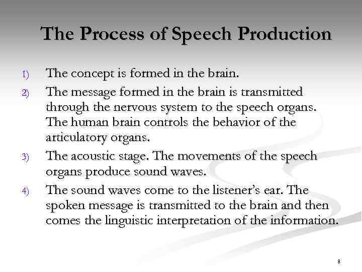 The Process of Speech Production 1) 2) 3) 4) The concept is formed in