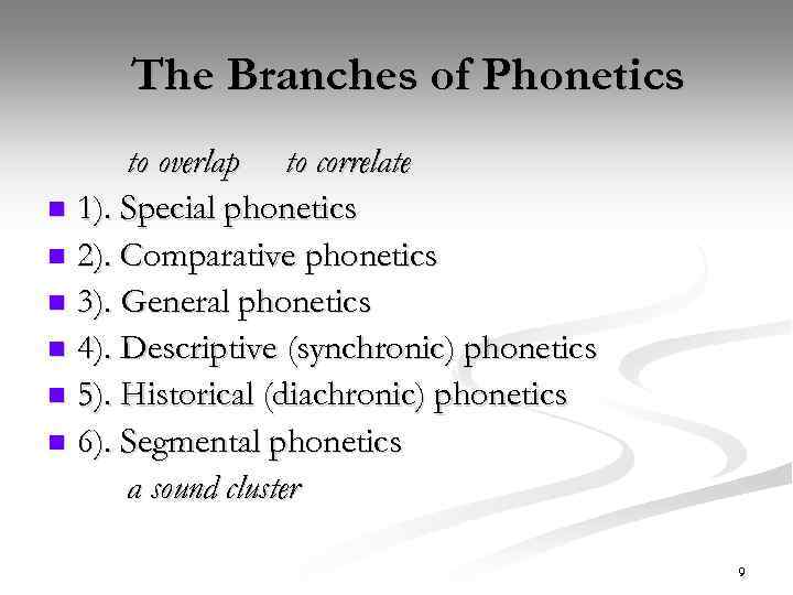 The Branches of Phonetics to overlap to correlate n 1). Special phonetics n 2).