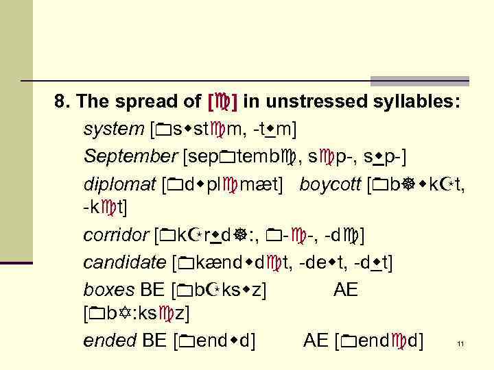 8. The spread of [ ] in unstressed syllables: system [ s st m,