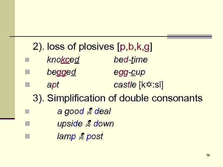 2). loss of plosives [p, b, k, g] n n n knokced begged apt