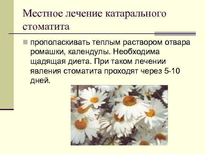 Местное лечение катарального стоматита n прополаскивать теплым раствором отвара ромашки, календулы. Необходима щадящая диета.