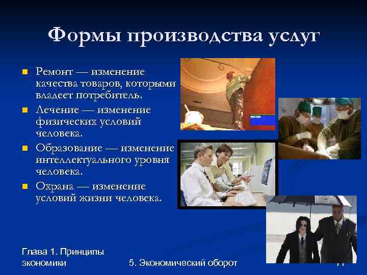 Формы производства услуг n n Ремонт — изменение качества товаров, которыми владеет потребитель. Лечение