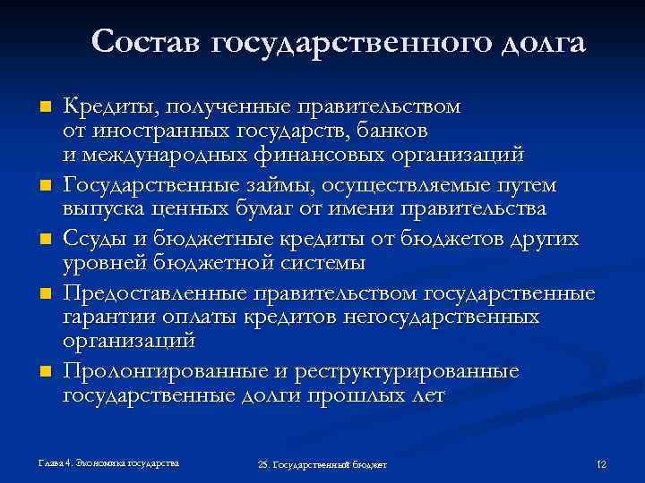 Состав государственного долга n n n Кредиты, полученные правительством от иностранных государств, банков и