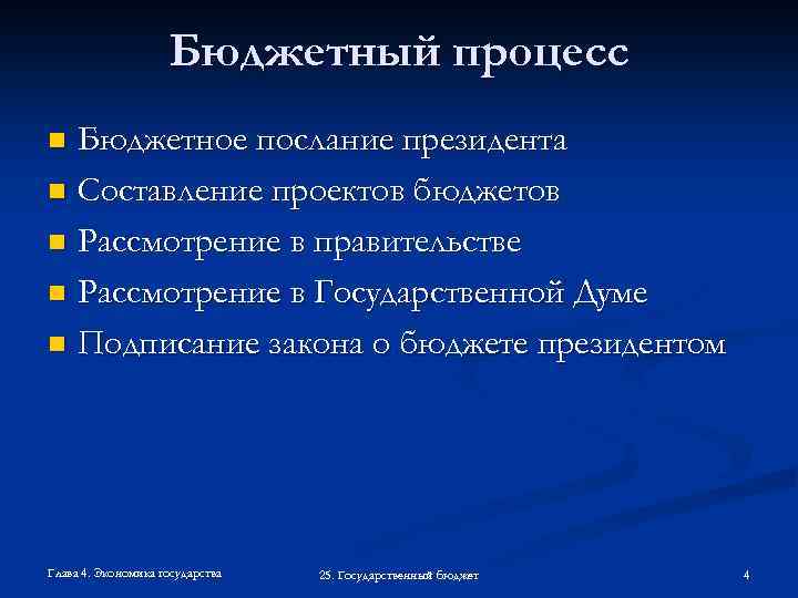 Бюджетный процесс Бюджетное послание президента n Составление проектов бюджетов n Рассмотрение в правительстве n