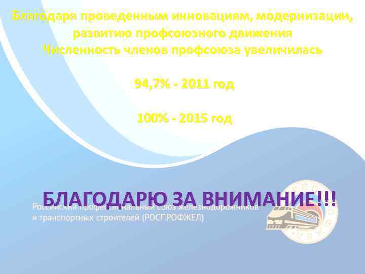 Благодаря проведенным инновациям, модернизации, развитию профсоюзного движения Численность членов профсоюза увеличилась 94, 7% -