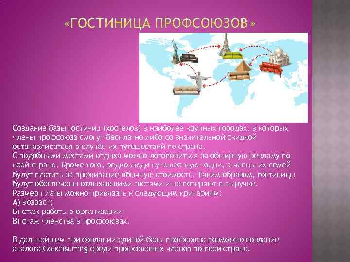 Создание базы гостиниц (хостелов) в наиболее крупных городах, в которых члены профсоюза смогут бесплатно