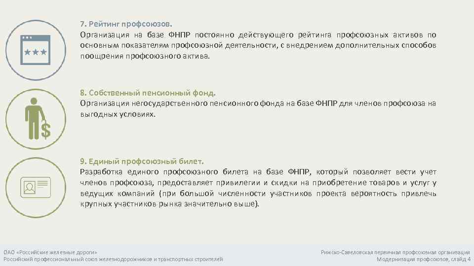 7. Рейтинг профсоюзов. Организация на базе ФНПР постоянно действующего рейтинга профсоюзных активов по основным