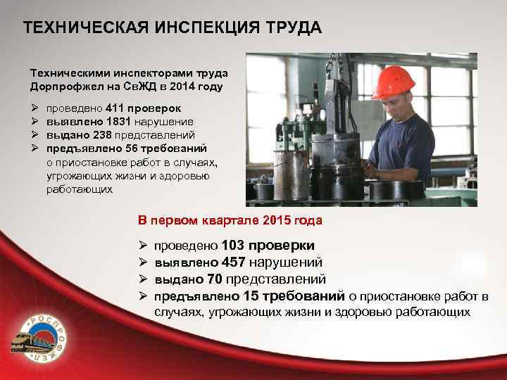 ТЕХНИЧЕСКАЯ ИНСПЕКЦИЯ ТРУДА Техническими инспекторами труда Дорпрофжел на Св. ЖД в 2014 году Ø