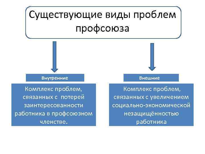 Существующие виды проблем профсоюза Внутренние Комплекс проблем, связанных с потерей заинтересованности работника в профсоюзном