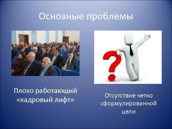 Основные проблемы Плохо работающий «кадровый лифт» Отсутствие четко сформулированной цели 
