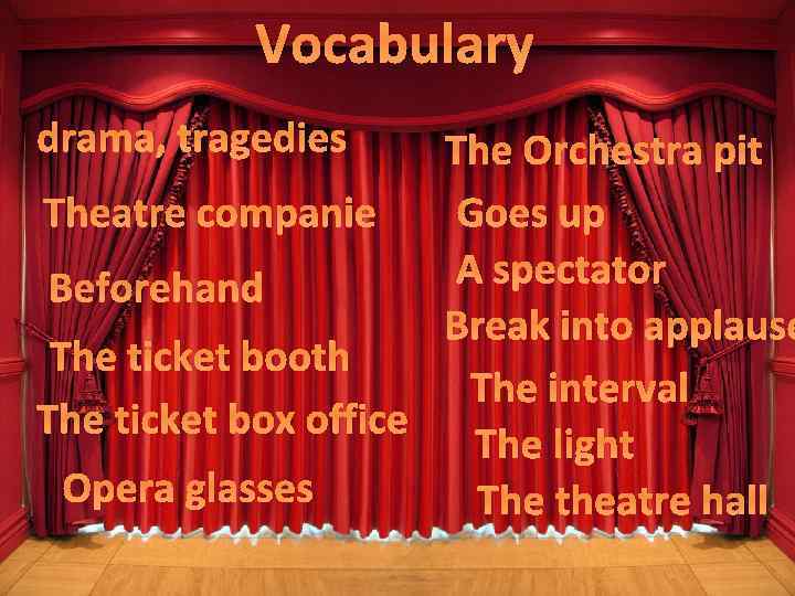 Vocabulary drama, tragedies The Orchestra pit Theatre companie Goes up A spectator Beforehand Break