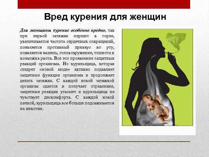 Вред курения для женщин Для женщины курение особенно вредно, так при первой затяжке першит