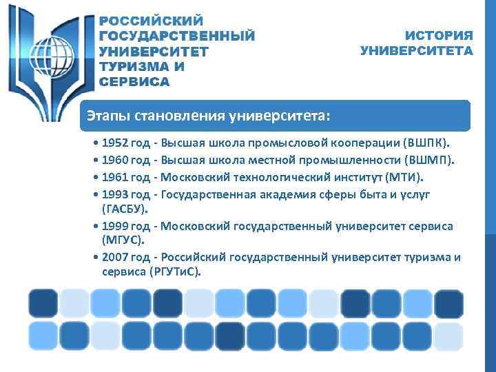 ИСТОРИЯ УНИВЕРСИТЕТА Этапы становления университета: • 1952 год - Высшая школа промысловой кооперации (ВШПК).