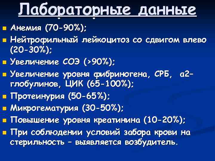 Лабораторные данные n n n n Анемия (70 -90%); Нейтрофильный лейкоцитоз со сдвигом влево