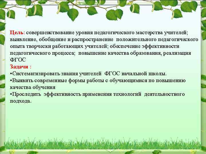 Цель: совершенствование уровня педагогического мастерства учителей; выявление, обобщение и распространение положительного педагогического опыта творчески