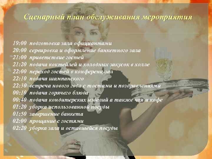 Сценарный план обслуживания мероприятия 19: 00 20: 00 21: 20 22: 00 22: 10