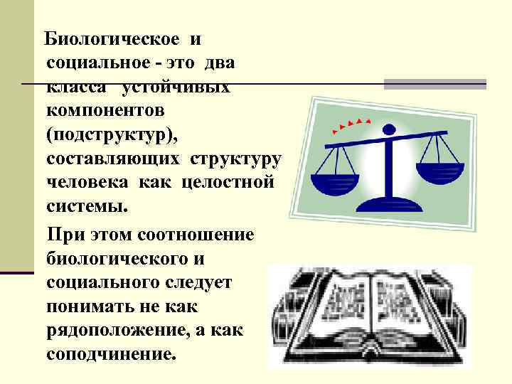 Биологическое и социальное - это два класса устойчивых компонентов (подструктур), составляющих структуру человека как