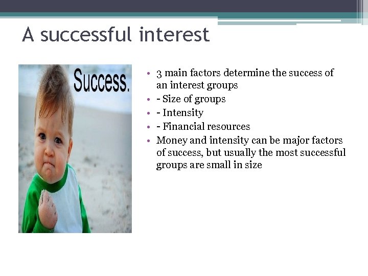 A successful interest • 3 main factors determine the success of an interest groups