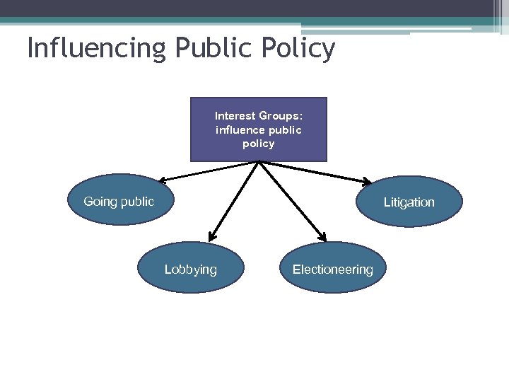 Influencing Public Policy Interest Groups: influence public policy Going public Litigation Lobbying Electioneering 