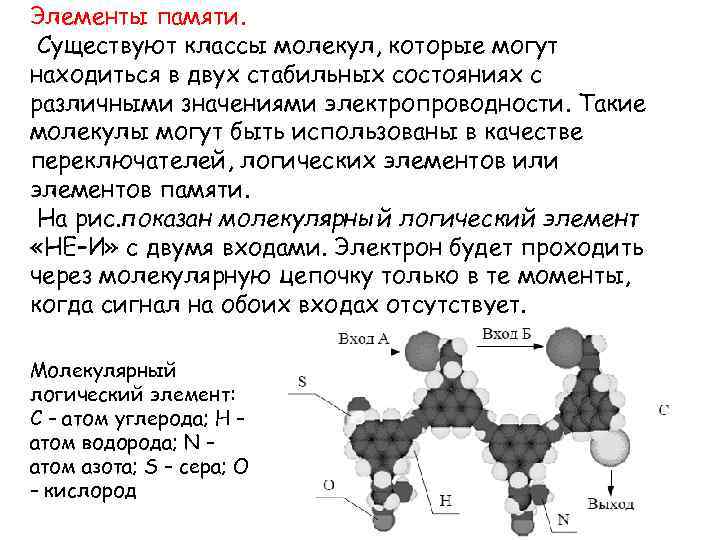 Элементы памяти. Существуют классы молекул, которые могут находиться в двух стабильных состояниях с различными