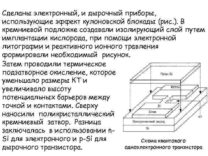 Сделаны электронный, и дырочный приборы, использующие эффект кулоновской блокады (рис. ). В кремниевой подложке