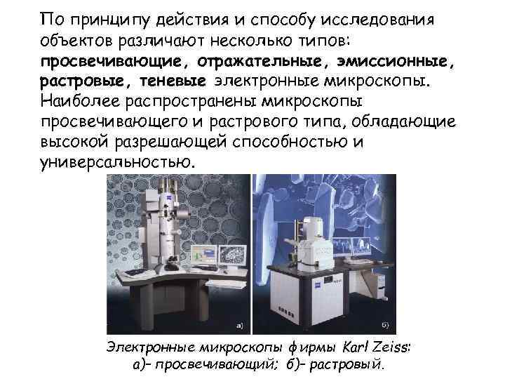 По принципу действия и способу исследования объектов различают несколько типов: просвечивающие, отражательные, эмиссионные, растровые,