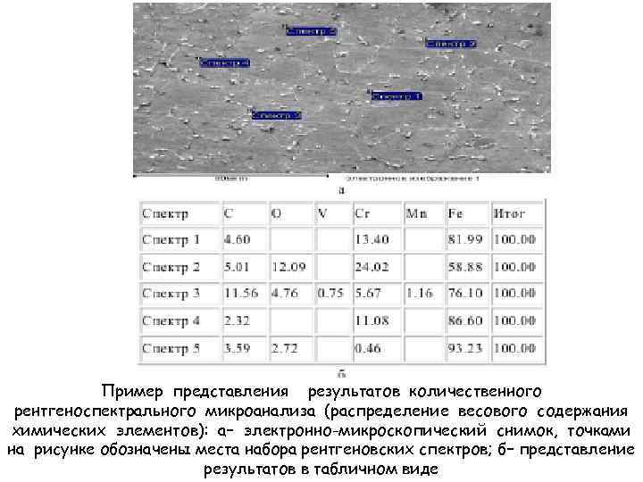 Пример представления результатов количественного рентгеноспектрального микроанализа (распределение весового содержания химических элементов): а− электронно-микроскопический снимок,