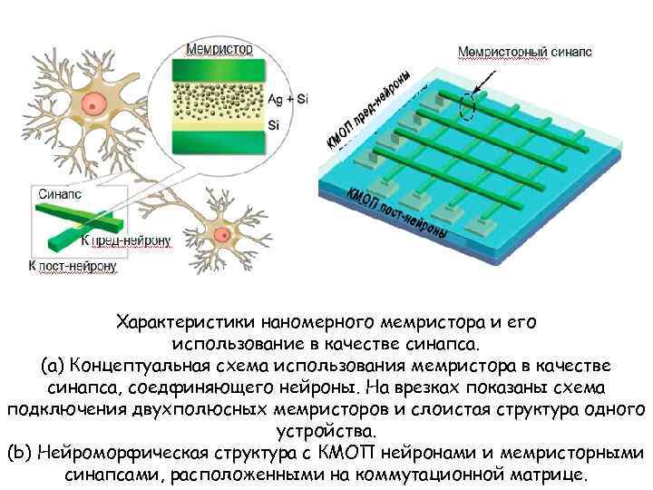 Характеристики наномерного мемристора и его использование в качестве синапса. (a) Концептуальная схема использования мемристора