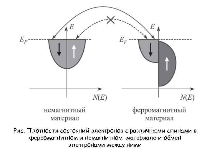 Рис. Плотности состояний электронов с различными спинами в ферромагнитном и немагнитном материале и обмен