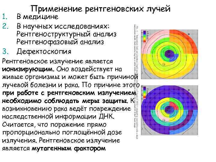 1. 2. 3. Применение рентгеновских лучей В медицине В научных исследованиях: Рентгеноструктурный анализ Рентгенофазовый
