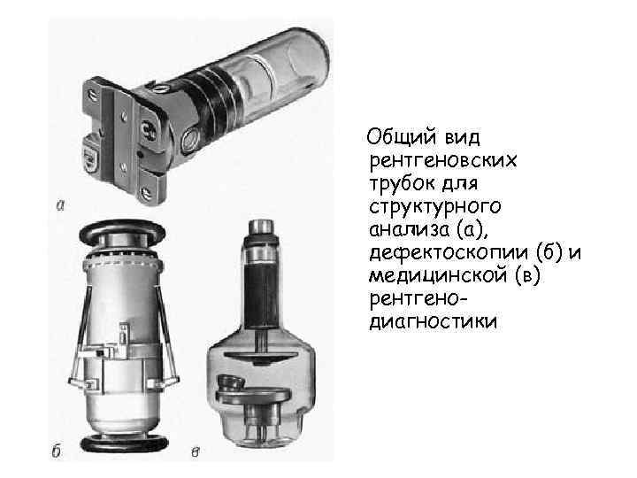 Общий вид рентгеновских трубок для структурного анализа (а), дефектоскопии (б) и медицинской (в) рентгенодиагностики