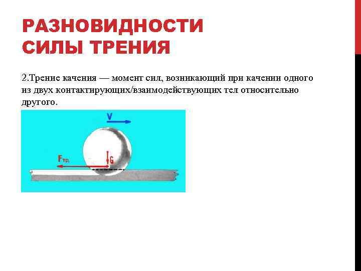 РАЗНОВИДНОСТИ СИЛЫ ТРЕНИЯ 2. Трение качения — момент сил, возникающий при качении одного из