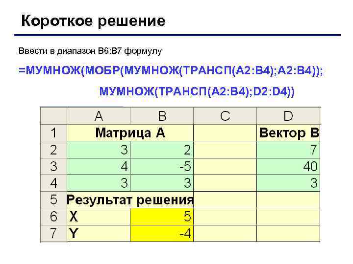 Короткое решение Ввести в диапазон В 6: В 7 формулу =МУМНОЖ(МОБР(МУМНОЖ(ТРАНСП(A 2: B 4);