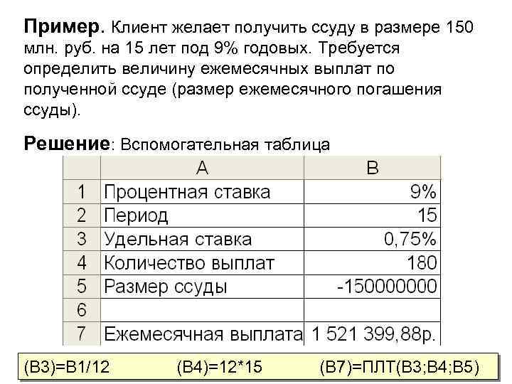 Пример. Клиент желает получить ссуду в размере 150 млн. руб. на 15 лет под