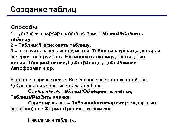Создание таблиц Способы: 1 – установить курсор в место вставки, Таблица/Вставить таблицу. 2 –