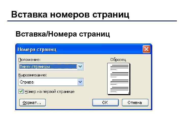 Вставка номеров страниц Вставка/Номера страниц 