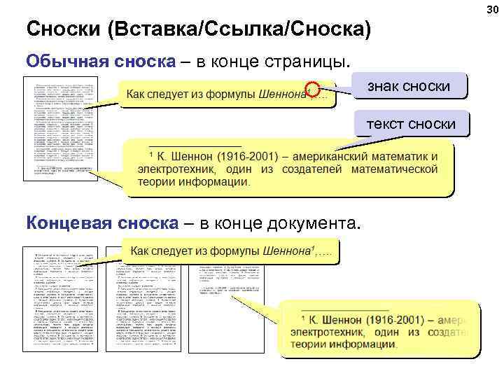 30 Сноски (Вставка/Ссылка/Сноска) Обычная сноска – в конце страницы. знак сноски текст сноски Концевая