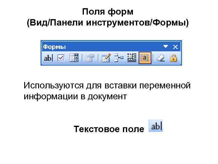 Поля форм (Вид/Панели инструментов/Формы) Используются для вставки переменной информации в документ Текстовое поле 
