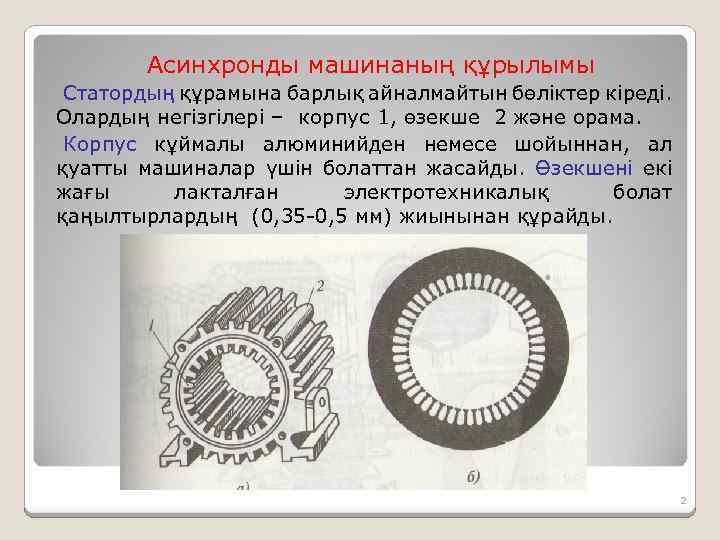 Асинхронды машинаның құрылымы Статордың құрамына барлық айналмайтын бөліктер кіреді. Олардың негізгілері – корпус 1,