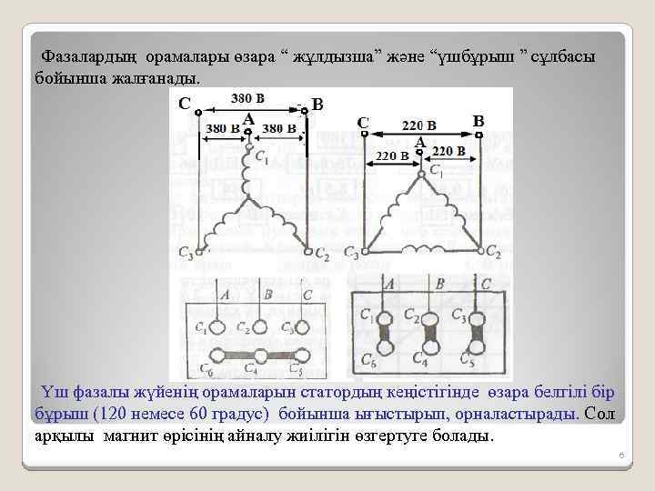 Фазалардың орамалары өзара “ жұлдызша” және “үшбұрыш ” сұлбасы бойынша жалғанады. Үш фазалы жүйенің