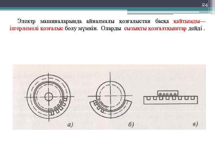 24 Электр машиналарында айналмалы қозғалыстан басқа қайтымды— ілгерлемелі қозғалыс болу мүмкін. Оларды сызықты қозғалтқыштар