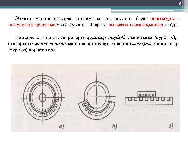 6 Электр машиналарында айналмалы қозғалыстан басқа қайтымды— ілгерлемелі қозғалыс болу мүмкін. Оларды сызықты қозғалтқыштар