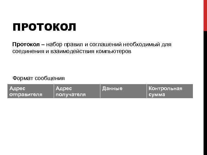 ПРОТОКОЛ Протокол – набор правил и соглашений необходимый для соединения и взаимодействия компьютеров Формат