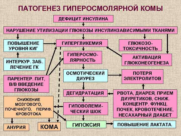 ПАТОГЕНЕЗ ГИПЕРОСМОЛЯРНОЙ КОМЫ ДЕФИЦИТ ИНСУЛИНА НАРУШЕНИЕ УТИЛИЗАЦИИ ГЛЮКОЗЫ ИНСУЛИНЗАВИСИМЫМИ ТКАНЯМИ ПОВЫШЕНИЕ УРОВНЯ КИГ ГИПЕРГЛИКЕМИЯ
