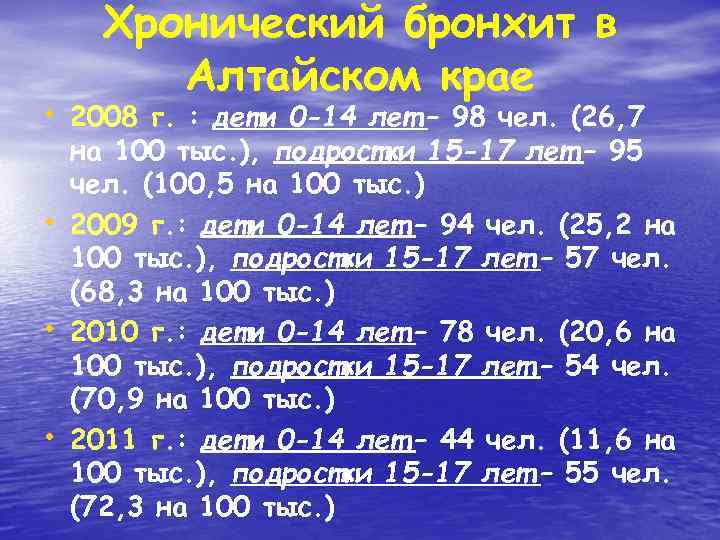 Хронический бронхит в Алтайском крае • 2008 г. : дети 0 -14 лет –