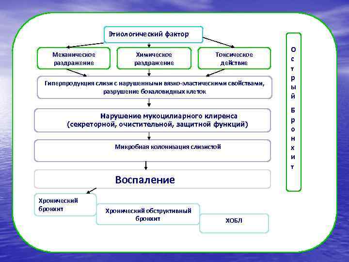 Этиологический фактор Механическое раздражение Химическое раздражение Токсическое действие Гиперпродукция слизи с нарушенными вязко-эластическими свойствами,