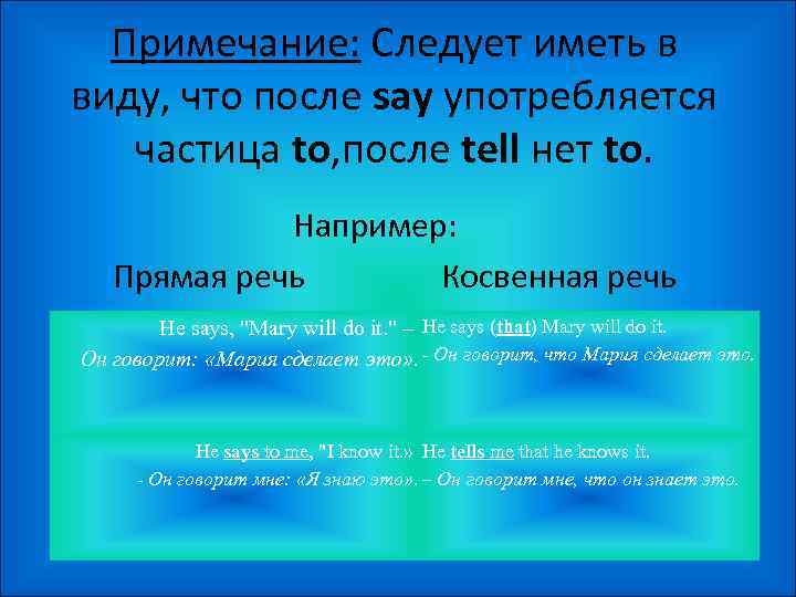 Примечание: Следует иметь в виду, что после say употребляется частица to, после tell нет